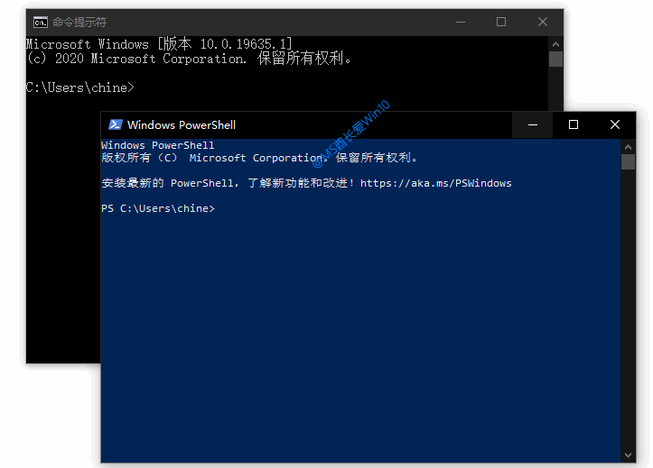 黑底白字的cmd命令提示符和蓝底白字的Windows PowerShell